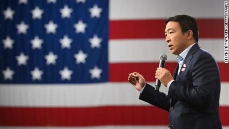 Yang speaks during a forum on gun safety at the Iowa Events Center on August 10, 2019 in Des Moines, Iowa.