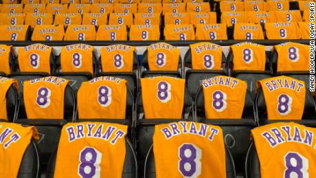 The shirts in the Staples Center are split between No. 24 and No. 8 as Bryant wore both numbers.