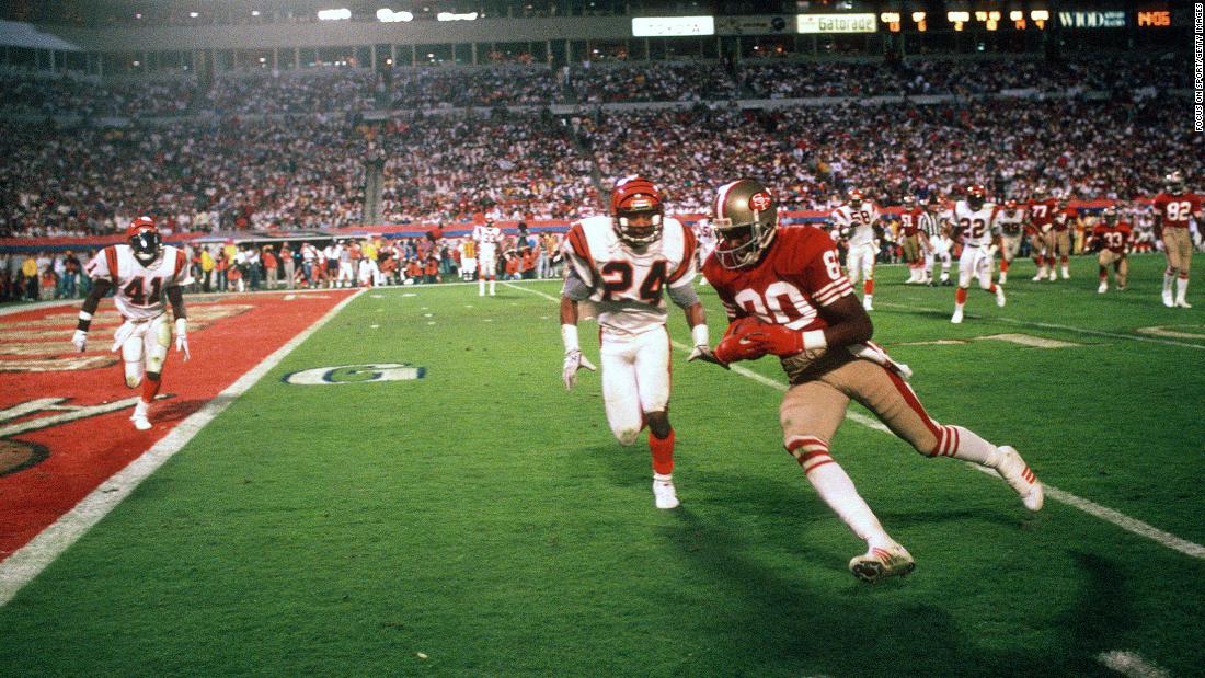 &lt;strong&gt;Super Bowl XXIII (1989):&lt;/strong&gt; San Francisco wide receiver Jerry Rice runs toward the goal line while playing Cincinnati in Super Bowl XXIII. Rice finished with 11 receptions for a Super Bowl-record 215 yards.