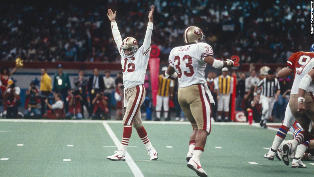 &lt;strong&gt;Super Bowl XXIV (1990):&lt;/strong&gt; San Francisco quarterback Joe Montana raises his arms in celebration after a 49ers touchdown in Super Bowl XXIV. Montana had 297 yards passing and five touchdowns as the 49ers defeated Denver 55-10. It was the biggest blowout in Super Bowl history. Montana collected his third MVP award, and the 49ers capped a glorious run with four titles in nine years.