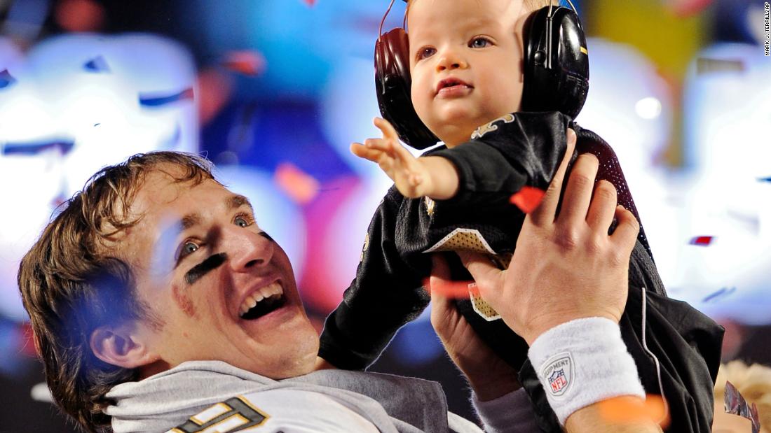 &lt;strong&gt;Super Bowl XLIV (2010):&lt;/strong&gt; New Orleans Saints quarterback Drew Brees raises his son Baylen after the Saints beat Indianapolis 31-17 in Super Bowl XLIV. Brees completed 32 of 39 passes for 288 yards and two touchdowns.