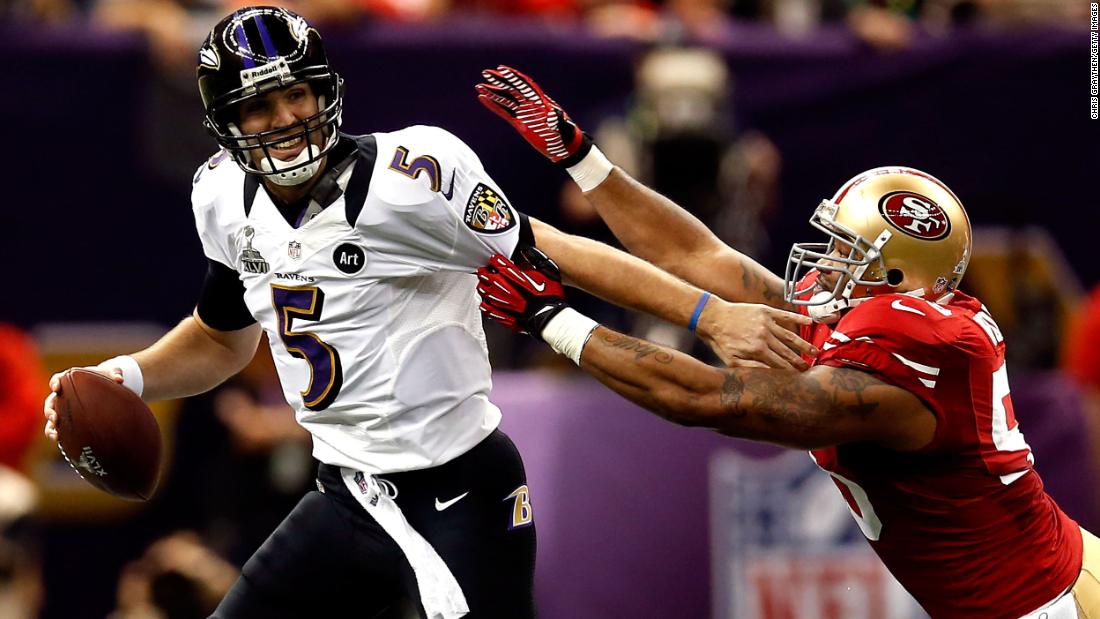 &lt;strong&gt;Super Bowl XLVII (2013):&lt;/strong&gt; Baltimore Ravens quarterback Joe Flacco fights off San Francisco linebacker Ahmad Brooks during Super Bowl XLVII, which the Ravens won 34-31. Flacco had 287 yards and three touchdowns in a game that was interrupted for 34 minutes because of a power outage.