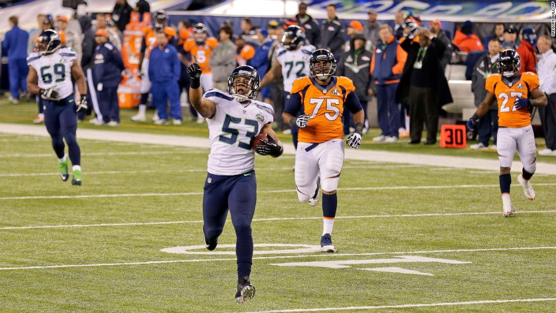 &lt;strong&gt;Super Bowl XLVIII (2014):&lt;/strong&gt; Seattle Seahawks linebacker Malcolm Smith runs an interception back for a touchdown during Seattle&#39;s 43-8 drubbing of Denver in Super Bowl XLVIII. Smith and Seattle&#39;s &quot;Legion of Boom&quot; defense stifled Peyton Manning and Denver&#39;s No. 1-rated offense.