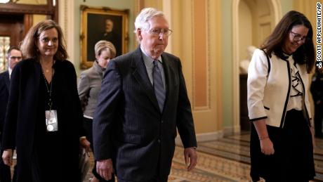 Senate Majority Leader Mitch McConnell, R-Ky., leaves the chamber after the vote on the motion to allow additional witnesses.