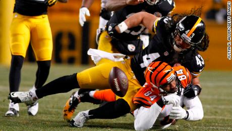 Safety Troy Polamalu strips the ball from Bengals tight end Jermaine Gresham on December 15, 2013.