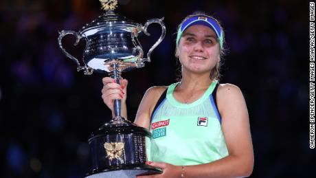 MELBOURNE, AUSTRALIA - FEBRUARY 01:  Sofia Kenin of the United States poses with the Daphne Akhurst Memorial Cup after her Women&#39;s Singles Final match against Garbine Muguruza of Spain&gt; on day thirteen of the 2020 Australian Open at Melbourne Park on February 01, 2020 in Melbourne, Australia. (Photo by Cameron Spencer/Getty Images)