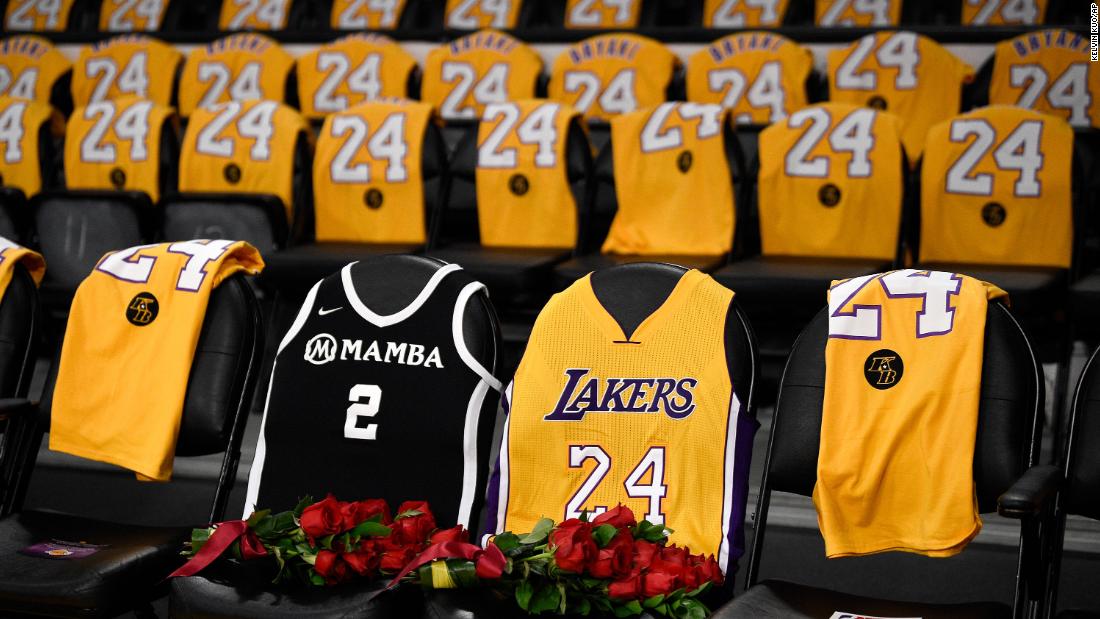 The jerseys of Kobe Bryant, right, and his daughter Gianna are draped on the seats the two last sat on at Staples Center, prior to the Lakers&#39; game against the Portland Trail Blazers in Los Angeles, Friday, January 31. The last game the two attended was on December 29, 2019, when the Lakers faced the Dallas Mavericks.