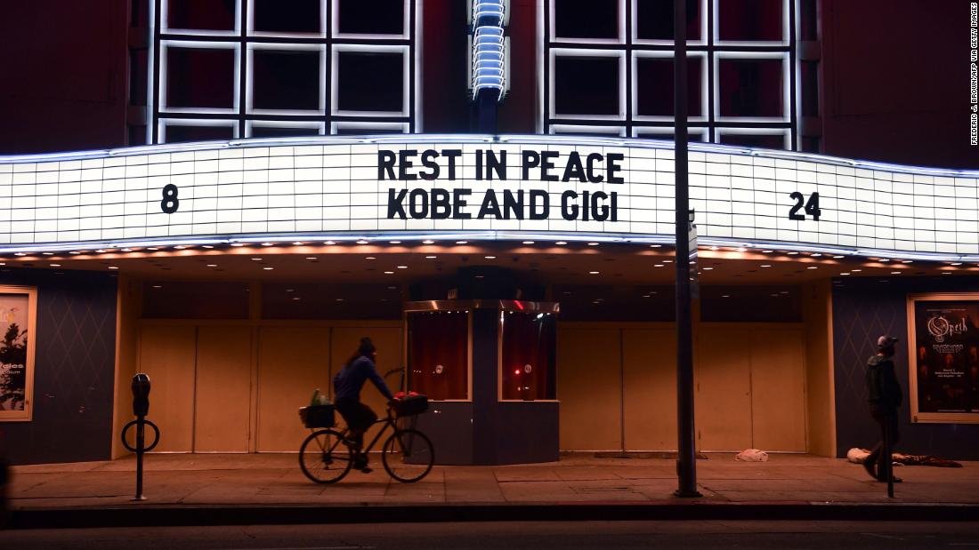 A message honoring Kobe Bryant and his daughter Gianna is seen on the marquee of the Hollywood Paladium on Sunset Boulevard.