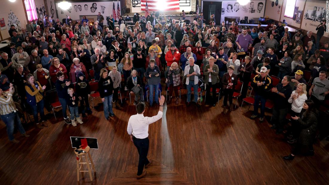 Buttigieg finishes a speech in Oelwein, Iowa, on February 1.