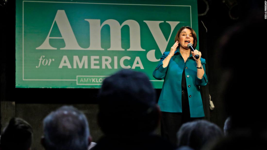 Klobuchar addresses a gathering in Sioux City, Iowa, on February 1.