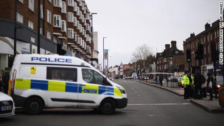 Streatham shooting. Police at the scene in Streatham High Road, south London after a man was shot by armed officers, with police declaring the incident as terrorist-related. Picture date: Sunday February 2, 2020. See PA story POLICE Streatham. Photo credit should read: Victoria Jones/PA Wire URN:50037144 (Press Association via AP Images)