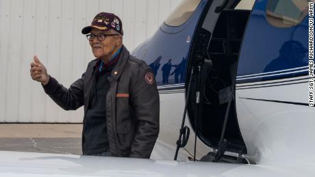 Retired U.S. Air Force Col. Charles E. McGee engages the audience following a flight during an aviation weekend to celebrate his 100th birthday at the Fredrick Municipal Airport in Fredrick, Maryland, Dec. 6, 2019. Earning his Tuskegee Airman pilot wings in 1943, McGee has flown in 37 different aircraft including his infamous red-tail P-51 Mustang and has conducted 409 combat missions during WWII, Korea, and Vietnam. In September, McGee helped acting Secretary of the Air Force Matthew Donovan usher the newest Air Force advanced trainer aircraft at the Air Force Association&#39;s Air Space, and Cyber conference. The T-7A Red Hawk, trainer-jet honors the legacy of the Tuskegee Airmen and pays homage to their signature red-tailed aircraft from World War II.  (U.S. Air Force photo by Staff Sgt. James Richardson)