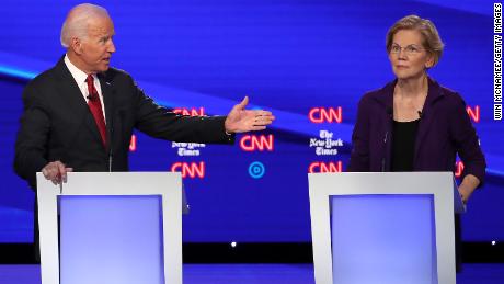 WESTERVILLE, OHIO - OCTOBER 15: Former Vice President Joe Biden challenges Sen. Elizabeth Warren (D-MA) during the Democratic Presidential Debate at Otterbein University on October 15, 2019 in Westerville, Ohio. A record 12 presidential hopefuls are participating in the debate hosted by CNN and The New York Times. (Photo by Win McNamee/Getty Images)