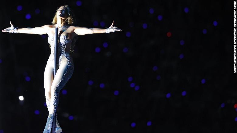 Jennifer Lopez during the halftime show. (Photo by Ronald Martinez/Getty Images)