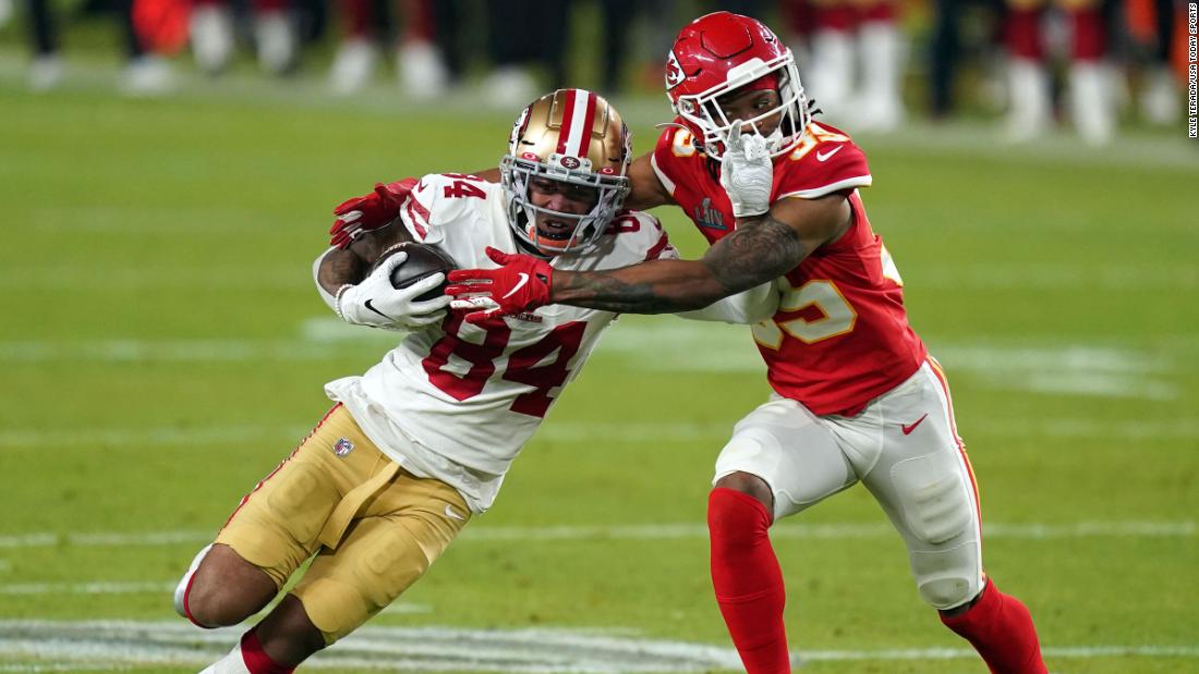 49ers wide receiver Kendrick Bourne is tackled by Chiefs cornerback Charvarius Ward in the third quarter.