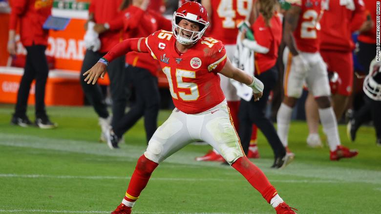 Mahomes was crowned Super Bowl MVP after leading his team to victory, throwing two touchdowns and rushing for a touchdown too.