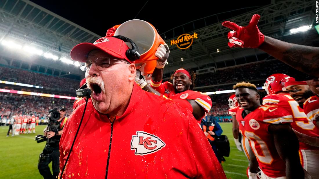 Kansas City Chiefs head coach Andy Reid reacts after being doused with Gatorade at the end of the game. This is Reid&#39;s first Super Bowl title as a head coach.