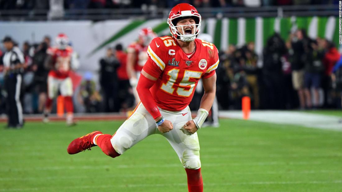 Mahomes celebrates a late touchdown.