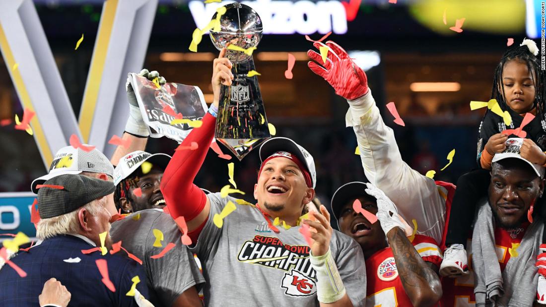 Kansas City quarterback Patrick Mahomes lifts the Vince Lombardi Trophy after the Chiefs defeated the San Francisco 49ers 31-20 in Super Bowl LIV on Sunday, February 2.