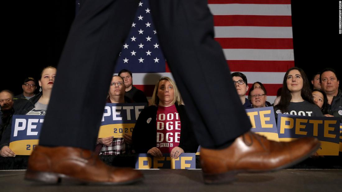 Audience members listen to former South Bend, Indiana, Mayor Pete Buttigieg at a rally in Waterloo, Iowa, on Saturday, February 1.