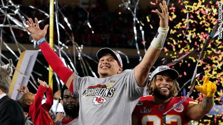 Kansas City Chiefs&#39; Patrick Mahomes, left, and Tyrann Mathieu celebrate after defeating the San Francisco 49ers in the NFL Super Bowl 54 football game Sunday, Feb. 2, 2020, in Miami Gardens, Fla.