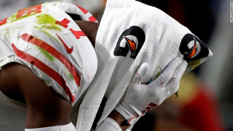 San Francisco 49ers&#39; Emmanuel Sanders sits on the bench during the second half of the NFL Super Bowl 54 football game against the Kansas City Chiefs