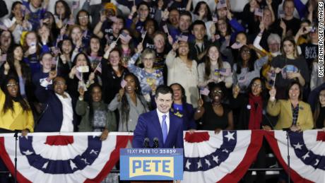 Buttigieg takes the stage to address supporters during his caucus night watch party on February 03, 2020 in Des Moines, Iowa.  