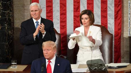 US House of Representatives Speaker Nancy Pelosi rips up a copy of President Trump&#39;s speech after he delivers the State of the Union address on February 4, 2020.