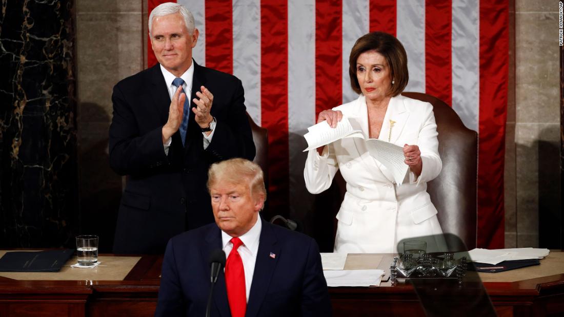 House Speaker Nancy Pelosi of Calif., appears to tear her copy of President Donald Trump&#39;s s State of the Union address.
