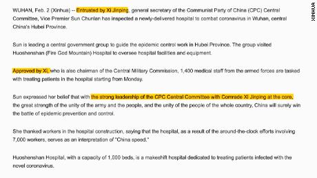 A short story about the activities of another top Chinese official nevertheless mentioned President Xi Jinping multiple times. Other coverage has repeatedly emphasized that he is directing all response to the Wuhan virus.