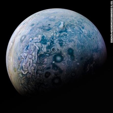 A composite image of Jupiter&#39;s north pole taken by JunoCame in 2016 and processed by citizen scientist Kevin Gill.
