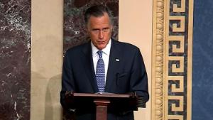 In this screengrab taken from a Senate Television webcast, Sen. Mitt Romney (R-UT) talks about how his faith guided his deliberations on the articles of impeachment during impeachment proceedings against U.S. President Donald Trump in the Senate at the U.S. Capitol on February 5, 2020 in Washington, DC. Senators will cast their final vote to convict or acquit later today. (