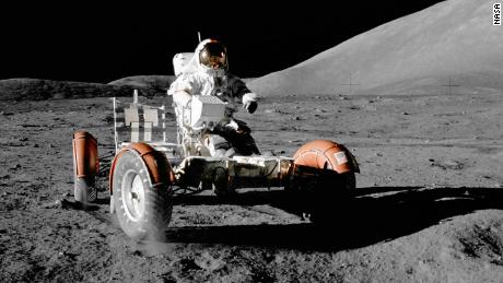 Gene Cernan using the lunar rover vehicle during Apollo 17.