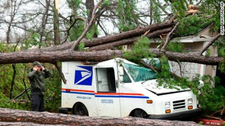 Damage near an apartment complex where a reported tornado passed through Spartanburg, South Carolina, on Thursday.