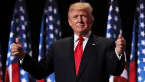 CLEVELAND, OH - JULY 21:  Republican presidential candidate Donald Trump gives two thumbs up to the crowd during the evening session on the fourth day of the Republican National Convention on July 21, 2016 at the Quicken Loans Arena in Cleveland, Ohio. Republican presidential candidate Donald Trump received the number of votes needed to secure the party's nomination. An estimated 50,000 people are expected in Cleveland, including hundreds of protesters and members of the media. The four-day Republican National Convention kicked off on July 18.  (Photo by Chip Somodevilla/Getty Images)