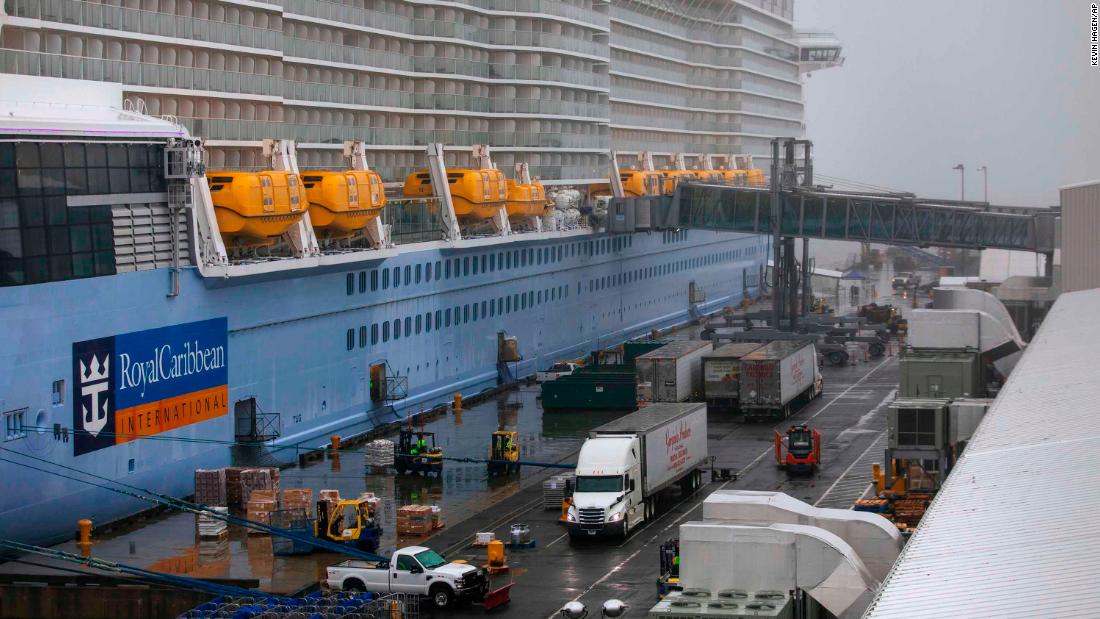 The Anthem of the Seas cruise ship is seen docked at the Cape Liberty Cruise Port in Bayonne, New Jersey, on February 7. Passengers were to be screened for coronavirus as a precaution, an official with the Centers for Disease Control and Prevention told CNN.