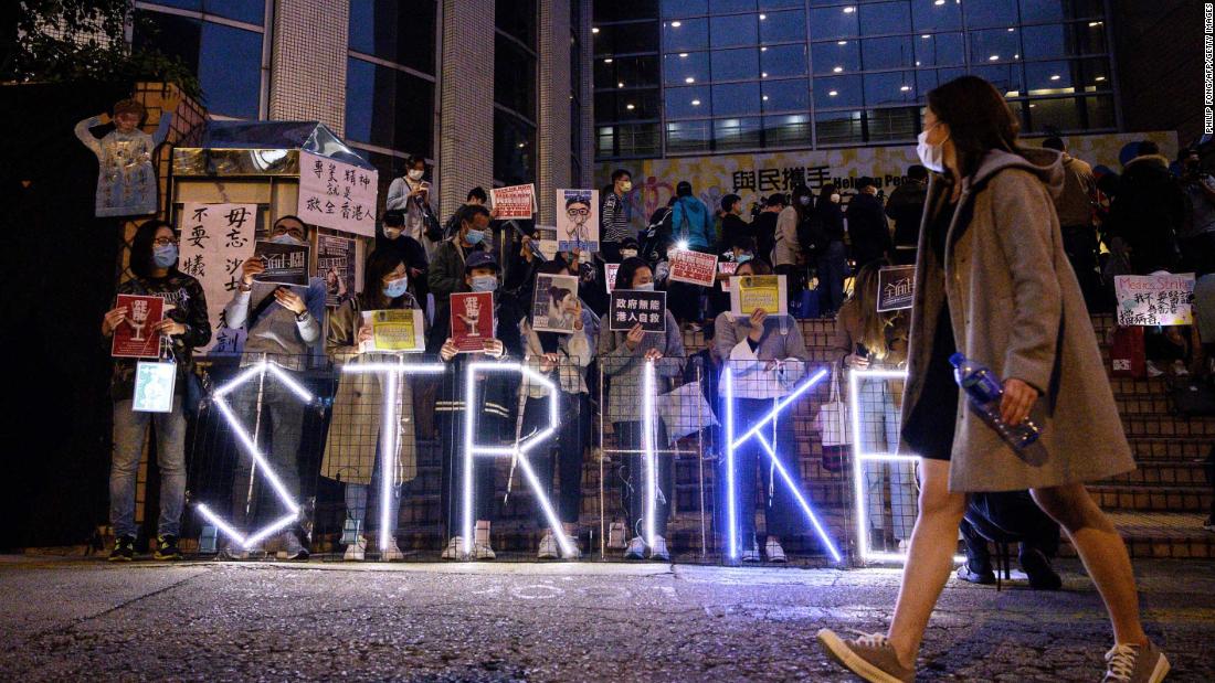 A light installation is displayed by striking members of the Hospital Authority Employees Alliance and other activists at the Hospital Authority building in Hong Kong.