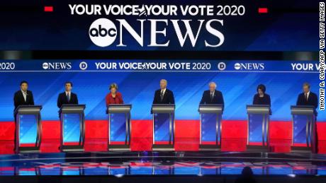 (From L) Democratic presidential hopefuls entrepreneur Andrew Yang, former Mayor of South Bend, Indiana, Pete Buttigieg, Massachusetts Senator Elizabeth Warren, former Vice President Joe Biden, Vermont Senator Bernie Sanders, Minnesota Senator Amy Klobuchar and Billionaire activist Tom Steyer arrive onstage for the eighth Democratic primary debate of the 2020 presidential campaign season co-hosted by ABC News, WMUR-TV and Apple News at St. Anselm College in Manchester, New Hampshire, on February 7, 2020. (Photo by TIMOTHY A. CLARY / AFP) (Photo by TIMOTHY A. CLARY/AFP via Getty Images)