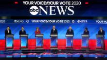 (From L) Democratic presidential hopefuls entrepreneur Andrew Yang, former Mayor of South Bend, Indiana, Pete Buttigieg, Massachusetts Senator Elizabeth Warren, former Vice President Joe Biden, Vermont Senator Bernie Sanders, Minnesota Senator Amy Klobuchar and Billionaire activist Tom Steyer arrive onstage for the eighth Democratic primary debate of the 2020 presidential campaign season co-hosted by ABC News, WMUR-TV and Apple News at St. Anselm College in Manchester, New Hampshire, on February 7, 2020. (Photo by TIMOTHY A. CLARY / AFP) (Photo by TIMOTHY A. CLARY/AFP via Getty Images)