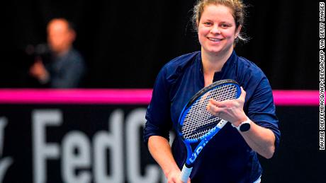 Kim Clijsters attends a training session of the Belgian tennis national team.