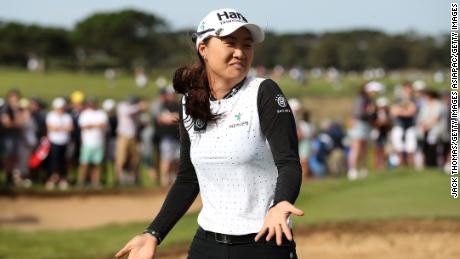 Minjee Lee of Australia is all smiles after her brother, Min Woo Lee wins the Vic Open on Sunday.