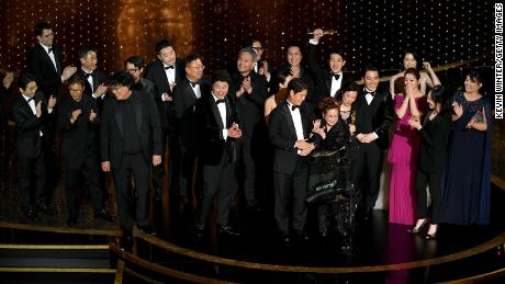 The cast and crew of &quot;Parasite&quot; at the Oscars on February 09, 2020 in Hollywood.