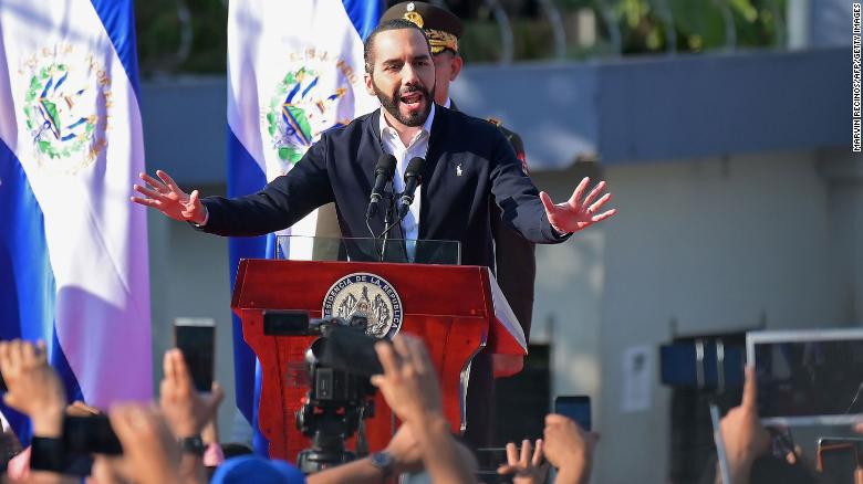 Bukele gestures as he speaks to supporters during a protest outside the Legislative Assembly on Sunday. 