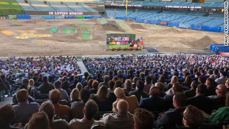 The celebrants filled the first deck of seats at Angel Stadium in Anaheim, California, from the edge of the third base dugout to the foul pole.