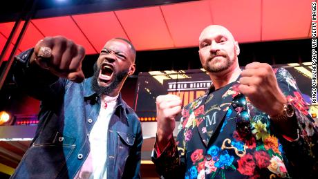 Boxers Deontay Wilder (L) and Tyson Fury (R) face-off during a press conference in Los Angeles, California on January 25, 2020, ahead of their re-match fight in Las Vegas on February 22. (Photo by RINGO CHIU / AFP) (Photo by RINGO CHIU/AFP via Getty Images)