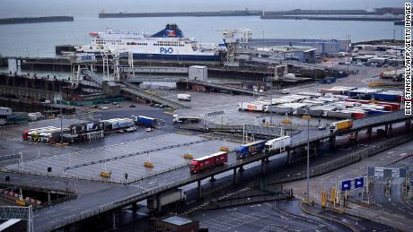 Commercial trucks arrive and leave the port of Dover.