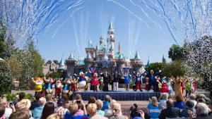 ANAHEIM, CA - JULY 17:  In this handout photo provided by Disney parks, Mickey Mouse and his friends celebrate the 60th anniversary of Disneyland park during a ceremony at Sleeping Beauty Castle featuring Academy Award-winning composer, Richard Sherman and Broadway actress and singer Ashley Brown July 17, 2015 in Anaheim, California.  Celebrating six decades of magic, the Disneyland Resort Diamond Celebration features three new nighttime spectaculars that immerse guests in the worlds of Disney stories like never before with "Paint the Night," the first all-LED parade at the resort; "Disneyland Forever," a reinvention of classic fireworks that adds projections to pyrotechnics to transform the park experience; and a moving new version of "World of Color" that celebrates Walt Disneys dream for Disneyland.  (Photo by Paul Hiffmeyer/Disneyland Resort via Getty Images)