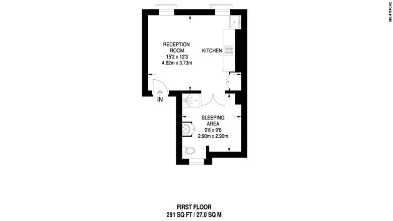 The floor plan of a 27 square meter flat advertised in Camden, London, shows the sleeping area in the washroom.  