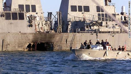 USS Cole was attacked in 2000 by suicide bombers in a small boat while refueling in the port of Aden in Yemen.