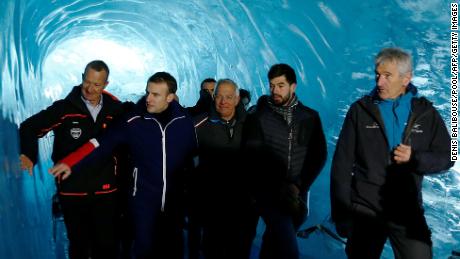 French president Emmanuel Macron visits the Mer de Glace glacier near Chamonix, France in the French Alps.